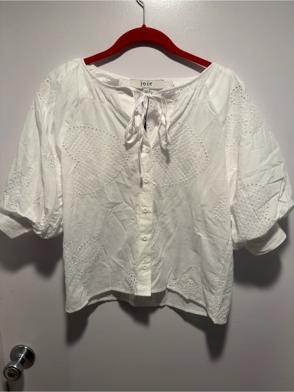 Joie White Eyelet Button-Up Peasant Blouse with Tie Neck